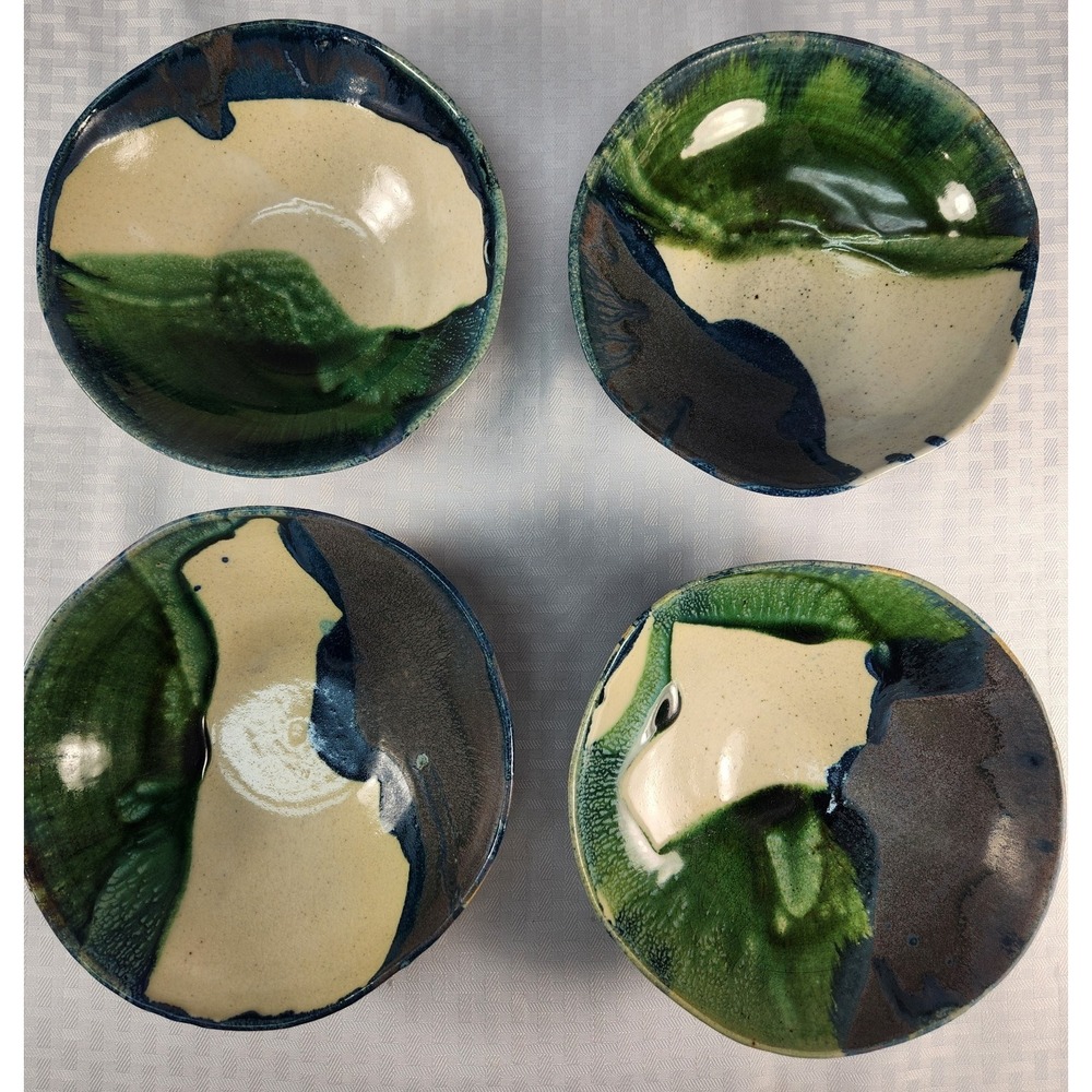 (4) Beautiful Artistry Pottery Bowl Unique Drip Glaze Handmade Rice Soup Signed